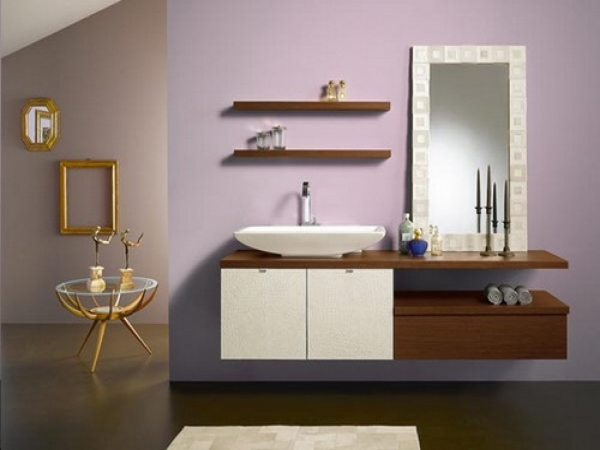 Bathroom,Adorable Purple Wall Paint Bathroom Vanity Ideas With Cool White Ceramic Single Bowl Sink Plus Gorgeous Floating Shelves Beside And Nice White Rectangle Mirror Frames Also Unique Glass Round Table,Contemporary Bathroom Vanity Ideas