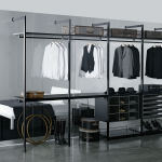 Furniture,Modern Gray Wall Paint Walk In Wardrobe Design Idea With Amazing Blakc Walk In Wardrobe And Cool Clear Glass Back Panel Also Gorgeous White Platform Bed On Combined Comfortable White Bed Sheet Plus Soft Black Rug,Cool Amazing Some Walk In Wardrobe Designs