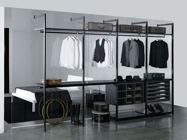 Furniture,Modern Gray Wall Paint Walk In Wardrobe Design Idea With Amazing Blakc Walk In Wardrobe And Cool Clear Glass Back Panel Also Gorgeous White Platform Bed On Combined Comfortable White Bed Sheet Plus Soft Black Rug,Cool Amazing Some Walk In Wardrobe Designs