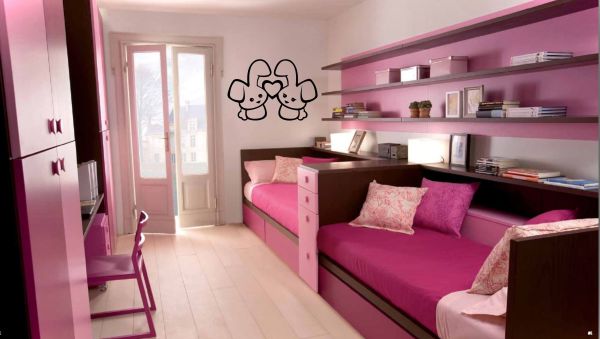 Bedroom,Cute White Wall Paint Combined Black Wall Decal Decoration Ideas Bedroom With Cool Pink Mixed Dark Brown Twin Day Bed Include Drawers Plus Stylish Large Open Book Shelves And Comfortable Study Space Also Nice White Linen Wood Floor For Girls Bedroom,Inexpensive Decorating Ideas For Bedrooms