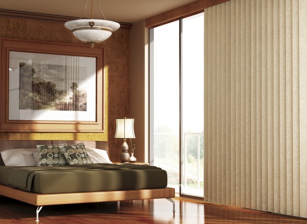 Interior,Modern Sliding Glass Door With The Best White Verticle Blind Design Inspiration And Cozy Dark Green Bed Also Beautiful Picture Frame ,Nice Spectacular Verticle Blinds Design Inspiration