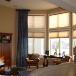 Interior,Fabulous Cream Wall Paint Large Window Curtain Ideas With Charming Brown Wooden Cupboard And Comfortable Brown Single Seater Sofas Also Stunning Brown Wood Narrow Table,Good Large Window Curtain Ideas