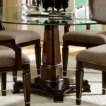 Dining Room,Impressive Designer Dining Table With Amazing Glass Round Dining Table And Cool Artistic Wood Base Also Comfortable Brown Wood Dining Chairs On Combined Soft Gray Thick Padded Seat,Will Make The Eyes Entranced Designer Dining Tables Latest