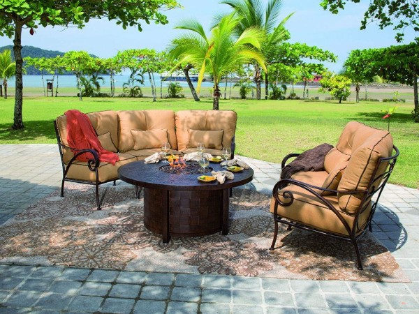 Living Room,Enticing Castelle Patio Furniture Design With Comfortable Brown Cushion Swivel Rocker And Modern Black Round Table On Combined Fire Pit,Nice Spectacular Outdoor From Castelle Patio Furniture