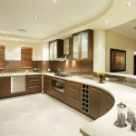 Furniture,Astounding Interior Design For Home With Marvelous Brown Wood Curved Shaped Kitchen Cabinet And Nice White Marble Countertop Also Beautiful Floating Frosted Glass Door Kitchens,Stunning Interior Design For Home