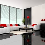 Interior,Fascinating Interior Design Photo With Modern White Leather Sectional Sofa And Cool Black Square Table On Combined Soft Cream Rug Plus Gorgeous Black Ceramic Tile Floor Also Beautiful Red Drum Floor Lamps Using Trendy White Wall Paint,Best High Quality Interior Design Photos To Your Living Room