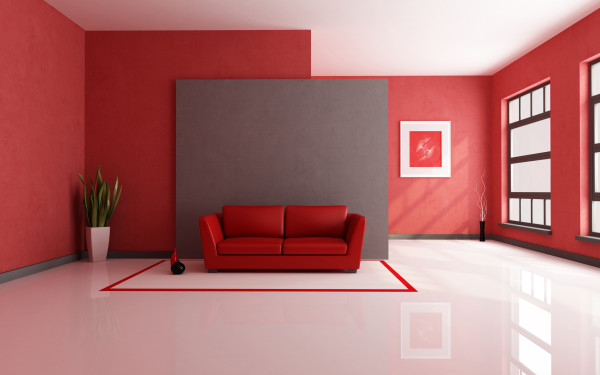 Interior,Enthralling Interior Design Photo With Stylish Red Two Seater Sofa And Beautiful Corner White Potted Plant Also Gorgeous Red Wall Paint,Best High Quality Interior Design Photos To Your Living Room