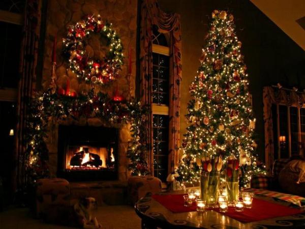Furniture,Amazing Xmas Tree Design Ideas With Stylish Stone Fireplace Interesting Interior And Beautiful Cristmas Tree Plus Cool Christmas Tree Wreath Also Luxurious Curtains In Gorgeous Cream Color,Awesome Xmas Trees Latest For Christmas