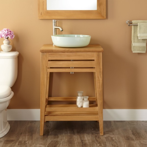 Bathroom,Enchanting Bathroom With Vessel Sink Design Inspiration On Combined Ceramic Material In White Color And High Quality Teak Vanity Cabinet Also Beautiful Bright Color,Style Bathrooms With Vessel Sink Design 