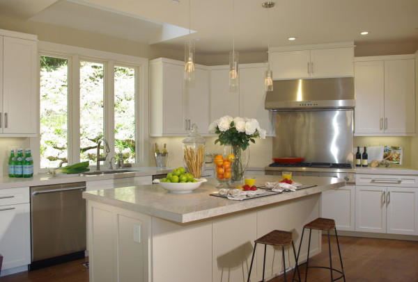 Kitchen,Stunning White Ceiling Kitchen 2012 Design With Wonderful White Wood Kitchen Cabinet And Cool White Wood Floating Kitchen Cabinet Also Gorgeous White Kitchen Island Bar Table On Combined Trendy Brown Wood Floor,Contemporary Kitchens 2012