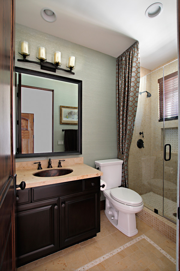 Bathroom,Cheap Bathroom Ideas With Nice Black Wood Bathroom Vanity And Stylish Beige Countertop Plus Beautiful Undermount Trough Sink Bathroom Also Comfortable White Ceramic Latrine,Small Space With Contemporary Bathroom Ideas