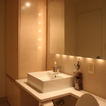 Bathroom,Extraordinary Small Space Bathroom 2011 Design With Awesome White Ceramic Square Vessel Sink And Nice Waterfall Bathroom Faucet Also Gorgeous Large Wall Mirror,Perfect Bathrooms 2011 Design Modern