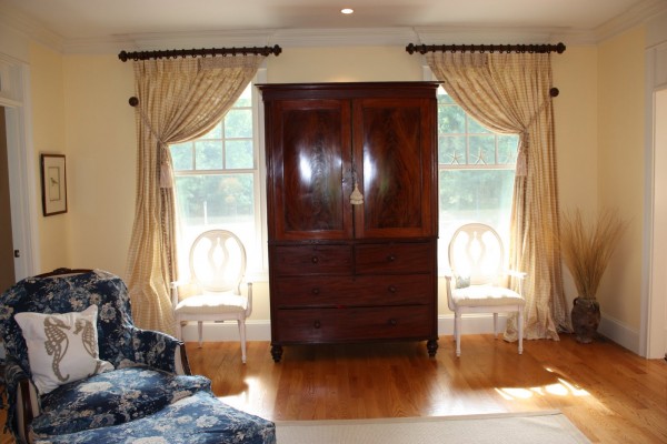 Uncategorized,Charming Blue Sofa And Beautiful Two White Chair With Cool Custom Window Traetment Design Idea Also Taek Wood Chest,Custom Window Treatments Decoration For Your Room