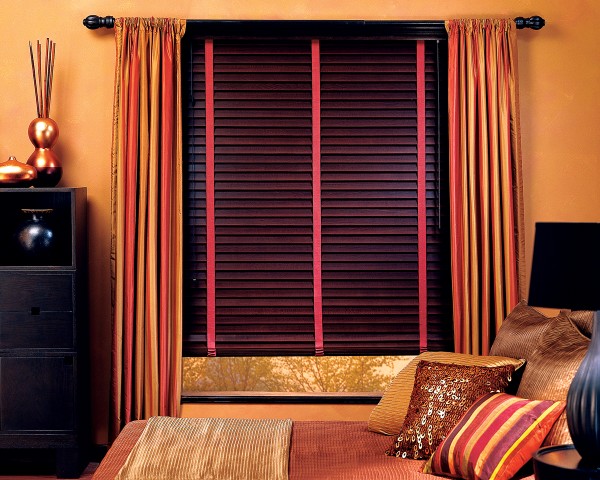 Uncategorized,Marvelous Cozy Bed And Soft Pillow Also Dark Brown Wooden Blind For Window Design Ideas On Combined Funny Curtain,Comfortable Wooden Blinds For Windows