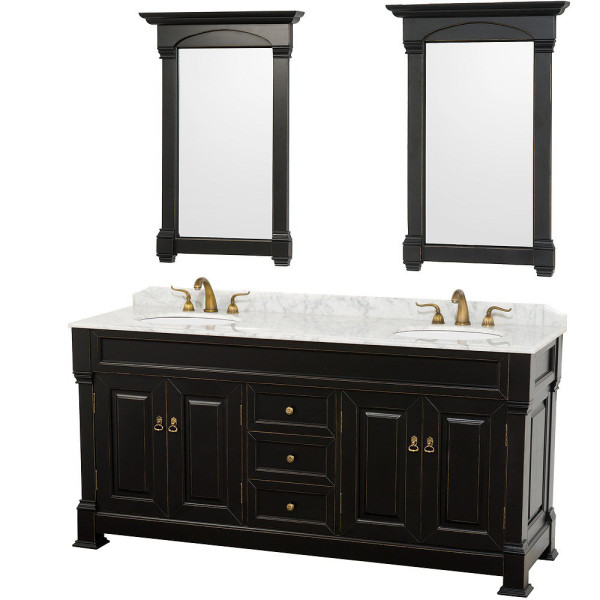 Bathroom,Nice Spectacular Two Mirror And Stylish Double Vanity With Top Design Ideas With Beautiful Black Cabinet Also Modern Sink,Double Vanity With Top Decoration