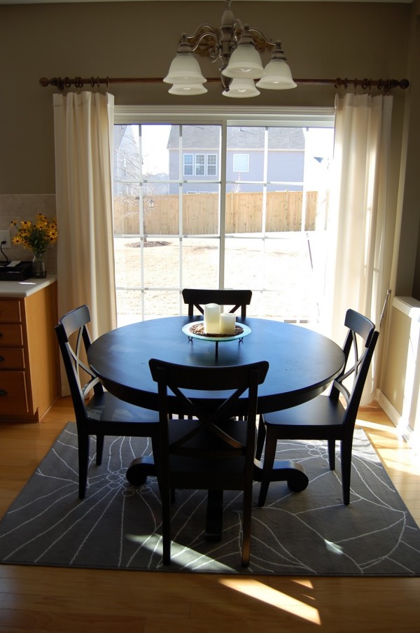 Interior,Contemporary Home And Rug Design Ideas With Stylish Wood Dining Table Also Comfortable Wood Chairs On Combined Black White Rug,Beautiful Home And Rug Decoration