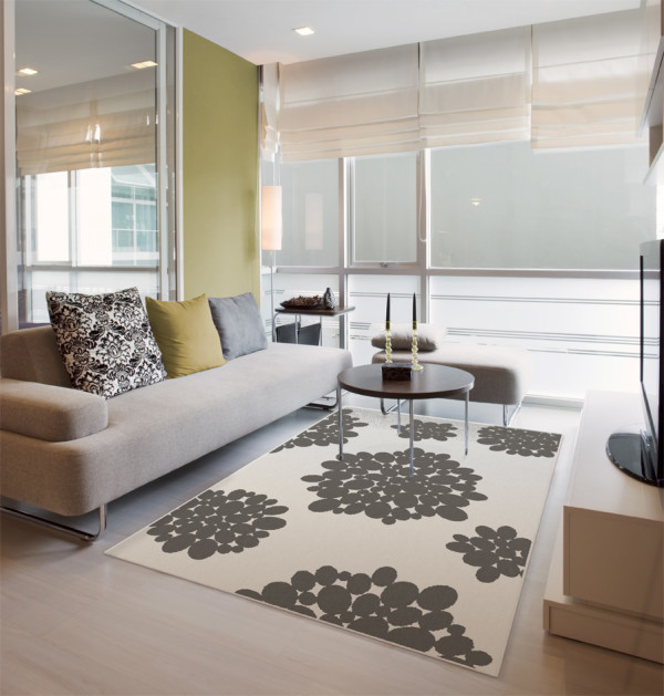 Interior,Cool Stylish Home And Rug Decoration With Comfortable Cream Sofa On Combined Soft Pillow Also Pretty Round Table For Living Room,Beautiful Home And Rug Decoration