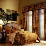 Interior,Elegant Discount Custom Blind Design Ideas With Cool Brown Curtain On Combined Floral Ornament And Comfortable Gold Bed Also Soft Pillow,Discount Custom Blinds Collection 