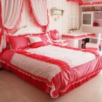 Bedroom,Artistic White Red Scheme Comfortable Bed Set Design With Creative Curtains And Beautiful White Corner Desk Also Cozy White Chair For Valentines Concept,Comfortable Bed Set