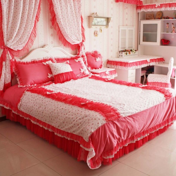 Bedroom,Artistic White Red Scheme Comfortable Bed Set Design With Creative Curtains And Beautiful White Corner Desk Also Cozy White Chair For Valentines Concept,Comfortable Bed Set