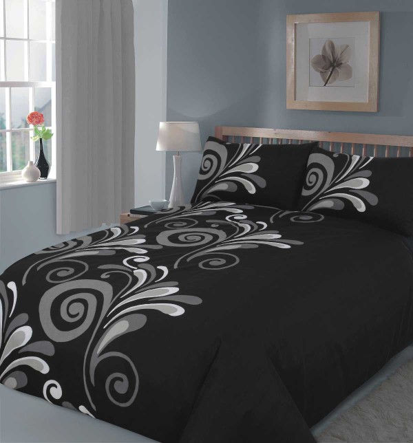 Bedroom,Cool Comfortable Bed Set Design Ideas With Stylish Black Bed Cover On Combined Leaf Ornament And Nice Desk Lamp Also Gorgeous Picture Frame,Comfortable Bed Set
