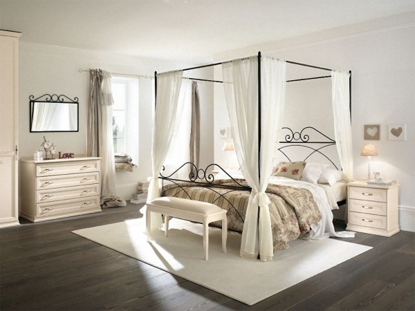 Bedroom,Marvelous Iron Bedroom Decoration With Wonderful Canopy On Combined White Curtains And Nice White Nightstand Table Also Soft White Rug,Contemporary Iron Bedroom Design