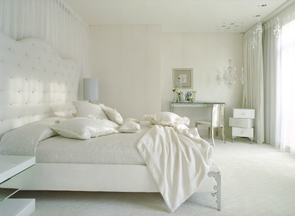 Bedroom,New Model White Bedroom Inspiration With Cozy Height Headboard And Luxurious White Glass Table And Comfortable White Chair For Luxurious Concept,Modern Bedroom Inspiration