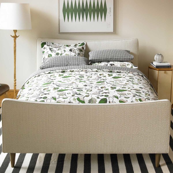 Bedroom,Picturesque Comfortable Bed Set Design Inspiration With Beautiful Green Floral Pattern Bed Cover And Cool White Black Stripe Floor Also Nice Stand Lamp,Comfortable Bed Set