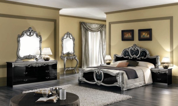 Bedroom,Style Italian Bedroom Furniture Design With Nice Grey Curtain And Luxurious Black Silver Bed Frame Also Gorgeous Dark Gray Wood Floor,Chic Bedroom Furniture Inspiration