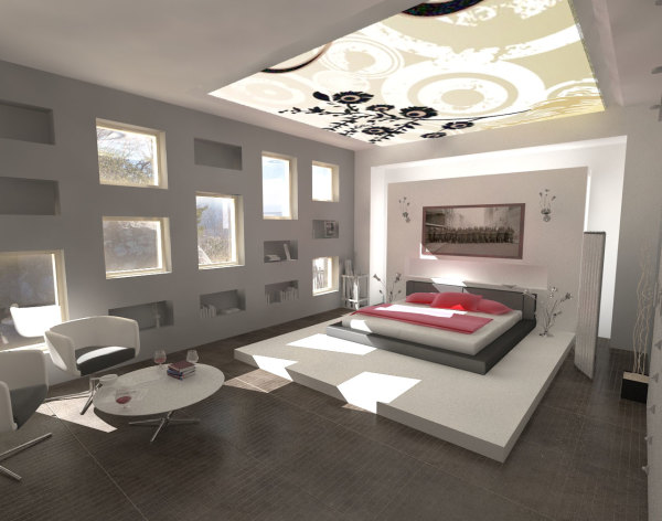 Bedroom,The Best Large Contemporary Bedroom Design Ideas With Stylish Platform Bed And Cozy White Swivel Chairs Also Creative White Bookshelf,Relaxed Plan Contemporary Bedroom
