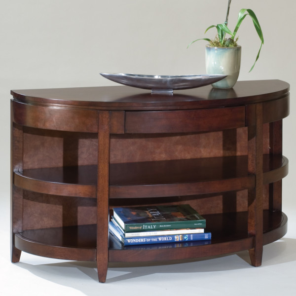 Furniture,Adorable Demilune Magnussen Sofa Table Design Inspiration With Cool Bookshelf And Drawer Also Beautiful Dark Brown Color,Modern Magnussen Sofa Tables Design
