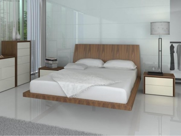 Bedroom,Enticing Floating Bed Design With Style King Size Double Bed Frame Walnut No Mattress And Cool Two Nightstand Table Also Extra Tall Desk Lamp,Pleasured Floating Bed Ideas