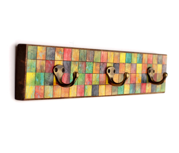 Furniture,Fabulous Hand Made Modern Wall Coat Hook Design Ideas With Charming Paper Bright Colorful Mosaic And Cool Dark Gold Iron Coats,Modern Wall Coat Hook Inspired