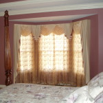Interior,Amazing  Curtain Ideas For Large Window With Beautiful Cream Curtain And Nice Wooden High Poster Bed Also Wonderful White Bedding Sheet ,Curtain Ideas For Large Windows