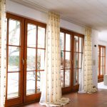 Interior,Enchanting Curtain Ideas For Large Window With Amazing Beige Curtains And Style Clear Glass Door Also Adorable Brown Tile Floor ,Curtain Ideas For Large Windows