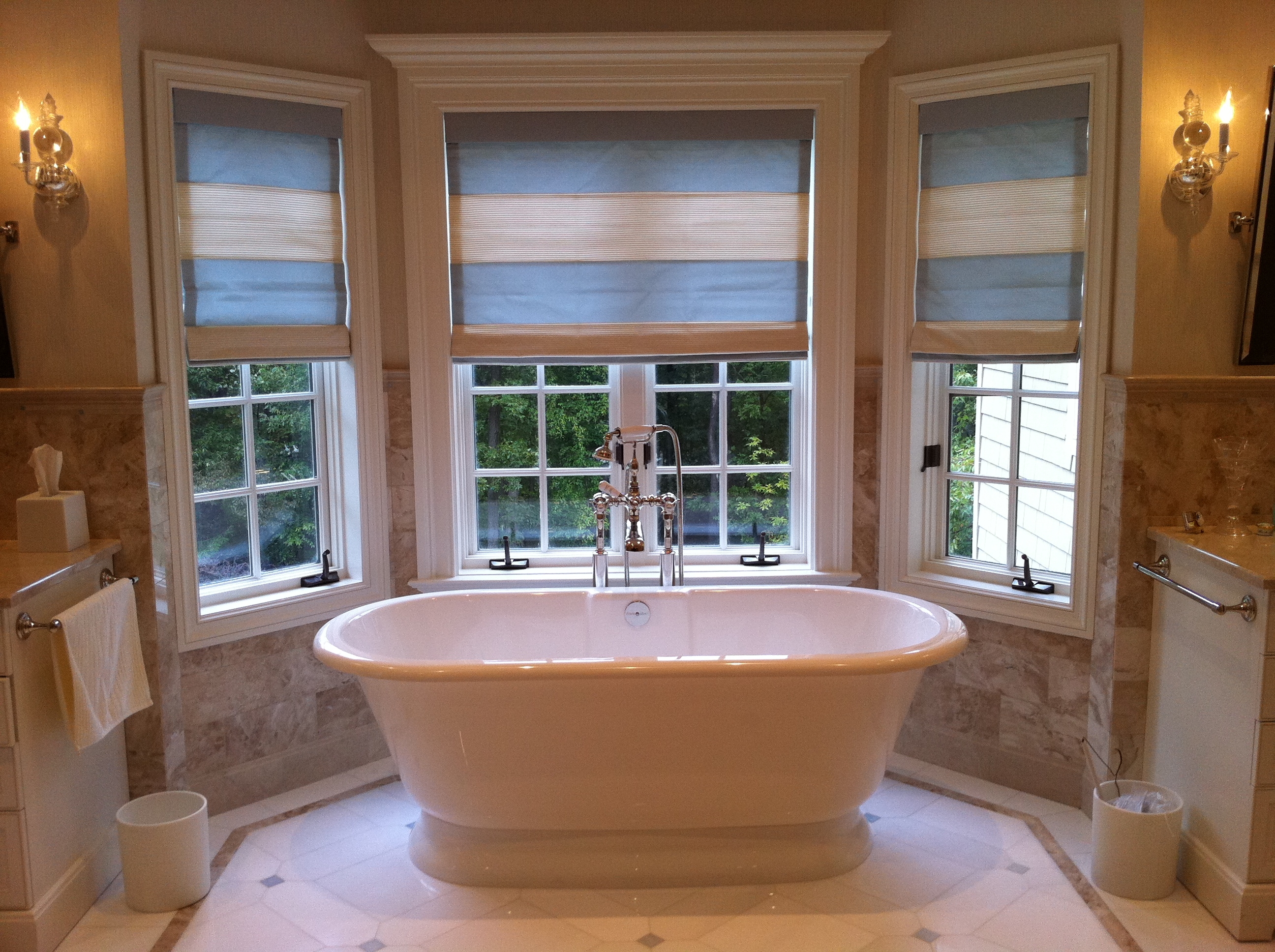 Interior,Gorgeous Curtain Ideas For Large Window With Beautiful Blue White Curtains And Luxurious White Ceramic Bathtub Also Cool Chrome Faucet For Bathroom,Curtain Ideas For Large Windows
