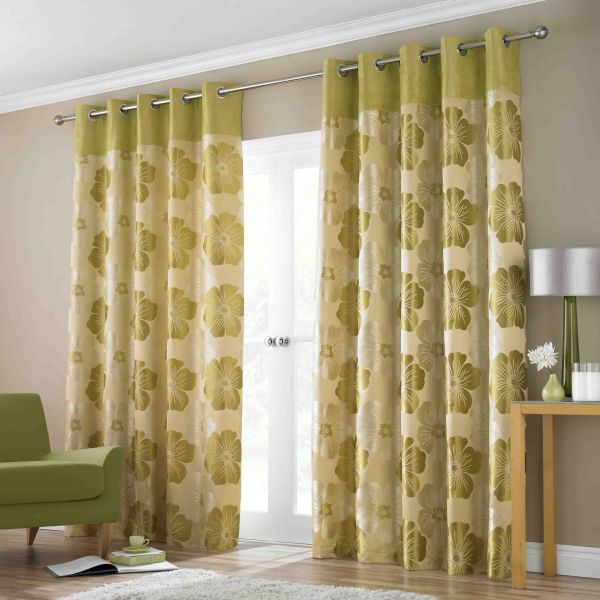 Interior,Nice Curtain Ideas For Large Window With Wonderful Soft Green Curtain And Beautiful Floral Pattern Also Comfortable Green Sofa ,Curtain Ideas For Large Windows