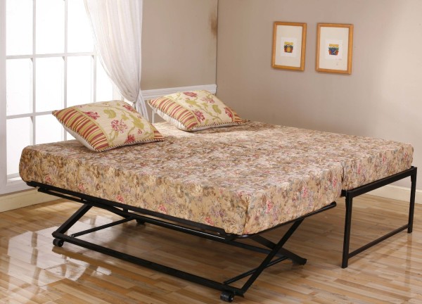 Bedroom,Cheap Bed Design With Stylish Trundle Bed On Combined Soft Floral Mattress And Beautiful Black Bed Frame Also Cool Wood Floor,Collection Of Fun And Cheap Bed