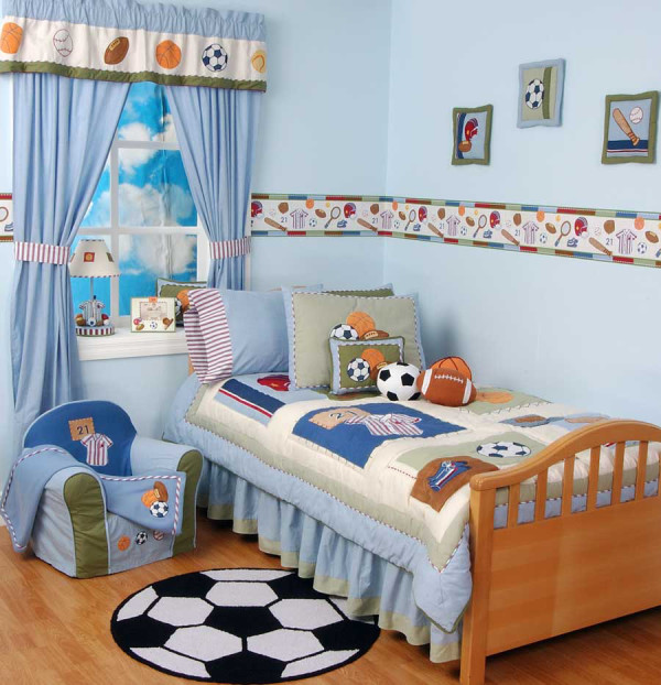 Bedroom,Cool Kids Bedroom Design Ideas With Nice Blue Paint And Cozy Wood Bed Frame On Combined Blue Blanket Also Wonderful White Black Ball Rug,Delight Kids Bedroom Design