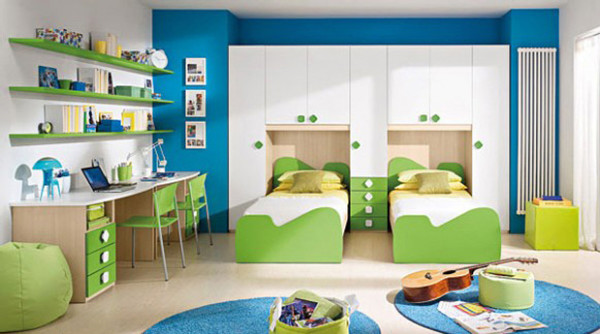 Bedroom,Stylish Colorful Kids Bedroom Design Inspiration With Charming Double Bed And Comfortable Study Space Also Cool Green Bookcase,Delight Kids Bedroom Design