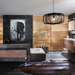 Bathroom,Exceptional Large Space Bathroom 2011 Decoration With Stylish Floating Brown Walnut Bathroom Vanity Plus Beautiful Double Bathroom Vanity Sink And Wonderful Brown Wood Blind Also Creative Black Pendant Lamps For India Concept,Perfect Bathrooms 2011 Design Modern