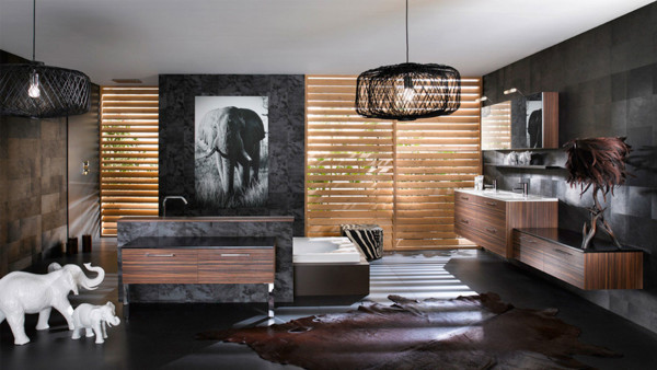 Bathroom,Exceptional Large Space Bathroom 2011 Decoration With Stylish Floating Brown Walnut Bathroom Vanity Plus Beautiful Double Bathroom Vanity Sink And Wonderful Brown Wood Blind Also Creative Black Pendant Lamps For India Concept,Perfect Bathrooms 2011 Design Modern