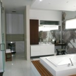 Bathroom,Contemporary Large Space Bathroom 2011 Design Inspiration With Awesome Built In Bathtub And Beautiful White Wood Bathroom Vanity Plus Gorgeous Vanity Table Also Cool Glass Sliding Door,Perfect Bathrooms 2011 Design Modern