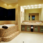 Bathroom,Pretentious Large Space Bathroom 2011 Design With Stylish Built In Bathtub And Charming Double Bathroom Vessel Sink In Nice White Ceramic Material Plus Beautiful Frosted Glass Door Bathroom Cabinet Also Wonderful Large Wall Mirror,Perfect Bathrooms 2011 Design Modern