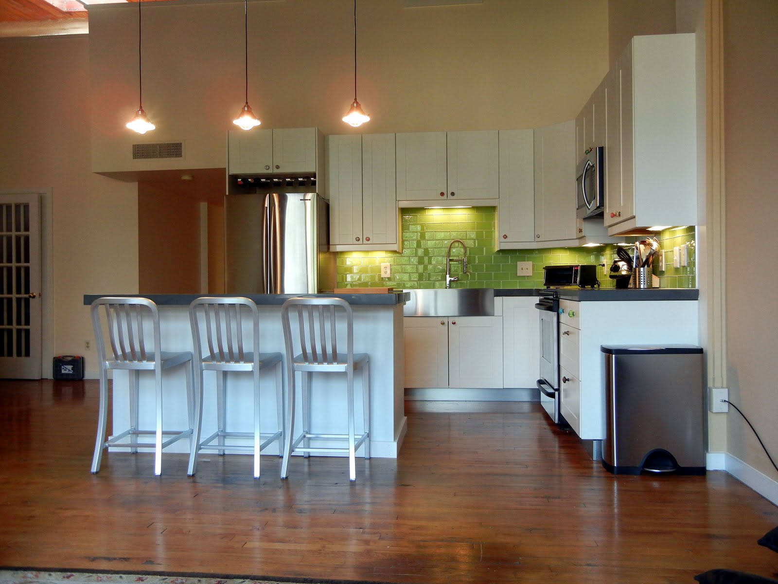 Furniture,Amazing Cream Wall Paint Ikea Small Kitchen Design Inspiration With Charming White Wood Kitchen Cabinet And Wonderful Green Subway Tile Backspash Plus Beautiful White Kitchen Island On Combined Trendy Brown Wood Floor Also Comfortable Silver Height Bar Stools,Contemporary Ikea Small Kitchen Design Idea