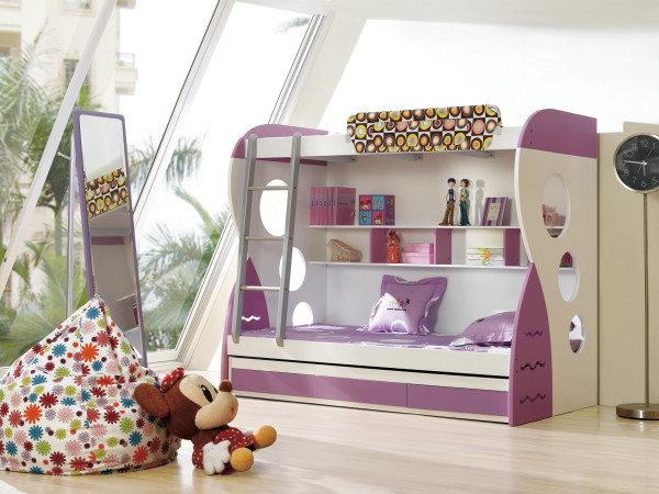 Furniture,Dazzling White Wall Paint Teenage Bedroom Furniture Ideas With Stunning White Purple Bunk Bed Plus Wonderful Gray Three Steps Ladder And Beautiful Open Bookshelf Also Trendy Bright Brown Laminate Flooring,Affordable Teenage Bedroom Furniture Ideas To Make Your Home Look Beautiful