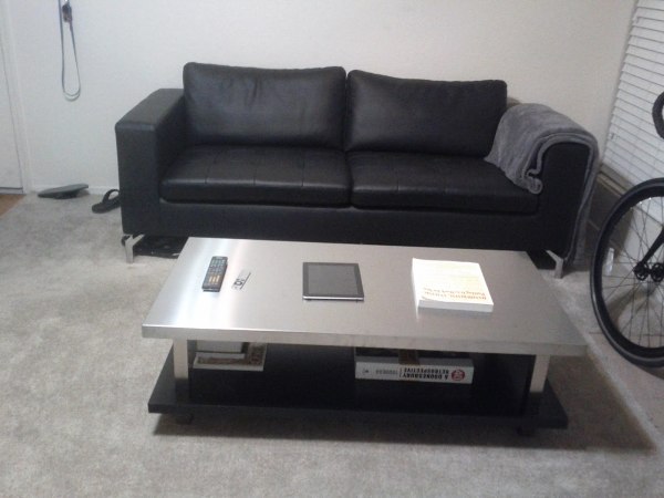 Furniture,Exquisite White Wall Paint Stainless Steel Table Top Design Ideas With Charming Stainless Steel Rectangular Table And Comfortable Black Leather Two Seater Sofa Also Soft Gray Great Rug,Beautiful Modern Stainless Steel Table Tops