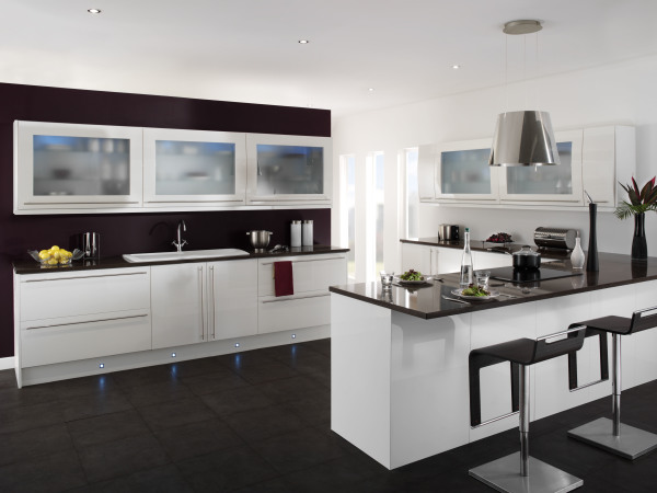 Furniture,Fascinating White Mixed Black Wall Paint Minimal Kitchen Design Inspiration With Stylish White Black Kitchen Cabinet Plus Cool Clear Frosted Glass Floating Kitchen Cabinets And Charming L Shape Kitchen Island Plus Modern Black Bar Stools On Combined Gorgeous Black Tile Floor Also Nice Chrome Over Pendant Lamp,Plush Minimal Kitchen Design Ideas