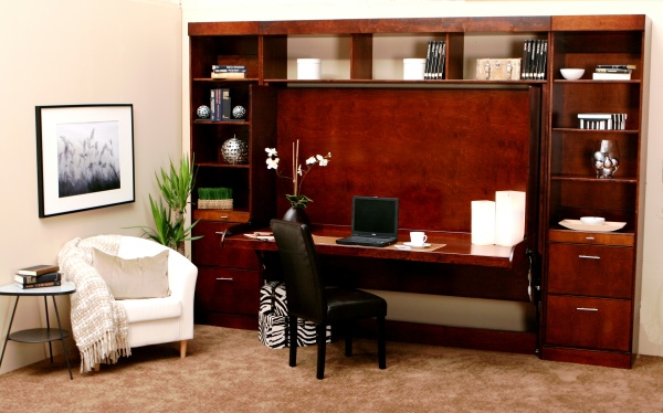 Bedroom,Awesome Cream Mixed White Wall Paint Murphy Bed Design Ideas With Multifunction Wooden Wall Bed And Cool Shelves Plus Beautiful Green Plants Also Comfortable Black Leather Height Chair,Uniquely Murphy Bed Inspiration For Your Bedroom