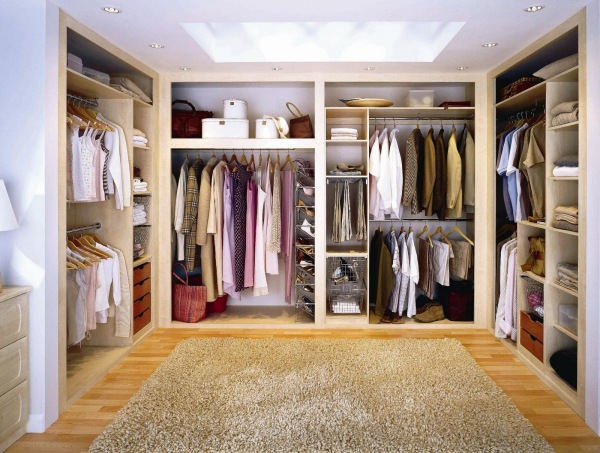 Furniture,Admirable White Wall Paint Walk In Wardrobe Design Inspiration With Adorable Bright Wood Walk In Wardrobe And Beautiful Silver Rod Hanging Plus Cool Iron Shoes Shelving Also Soft Beige Fur Rug On Combined Gorgeous Bright Wood Tile Floor,Cool Amazing Some Walk In Wardrobe Designs